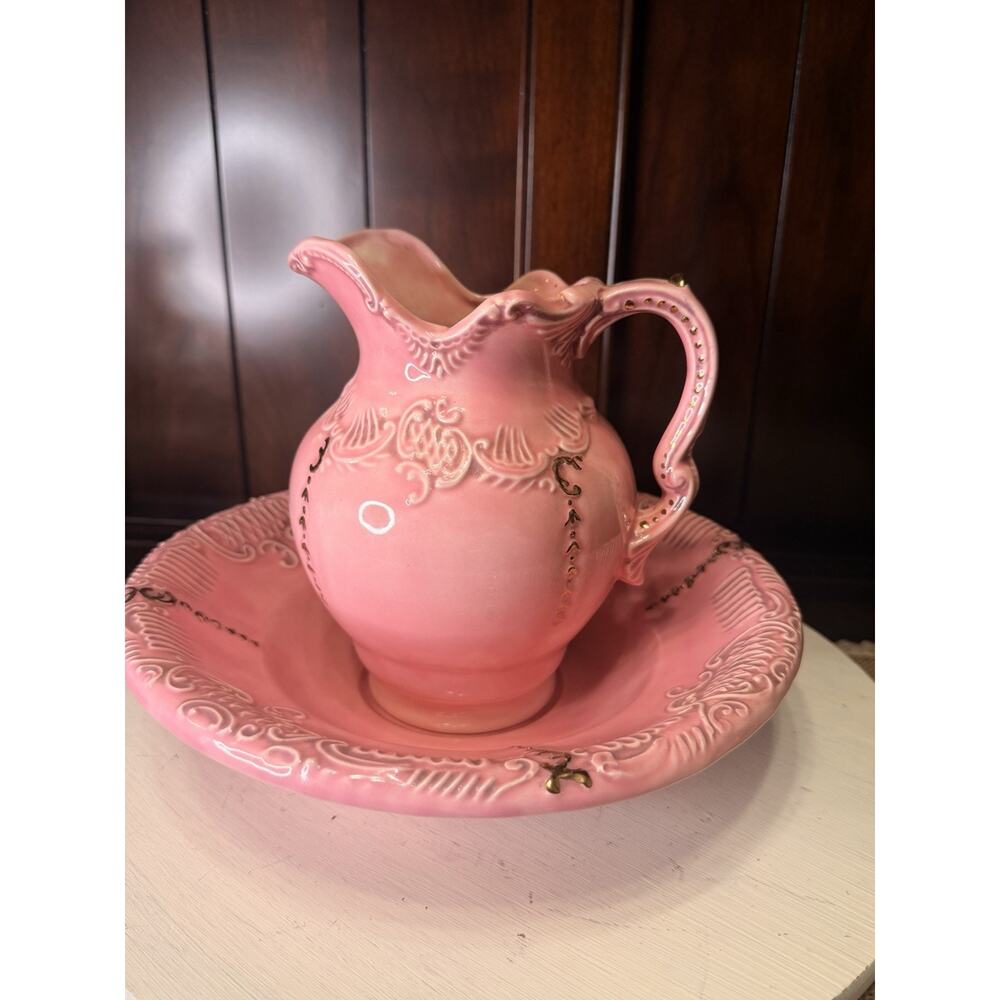 VTG Arnels Bubblegum Pink & Gold Pitcher And Wash Basin Bowl Signed By Artist